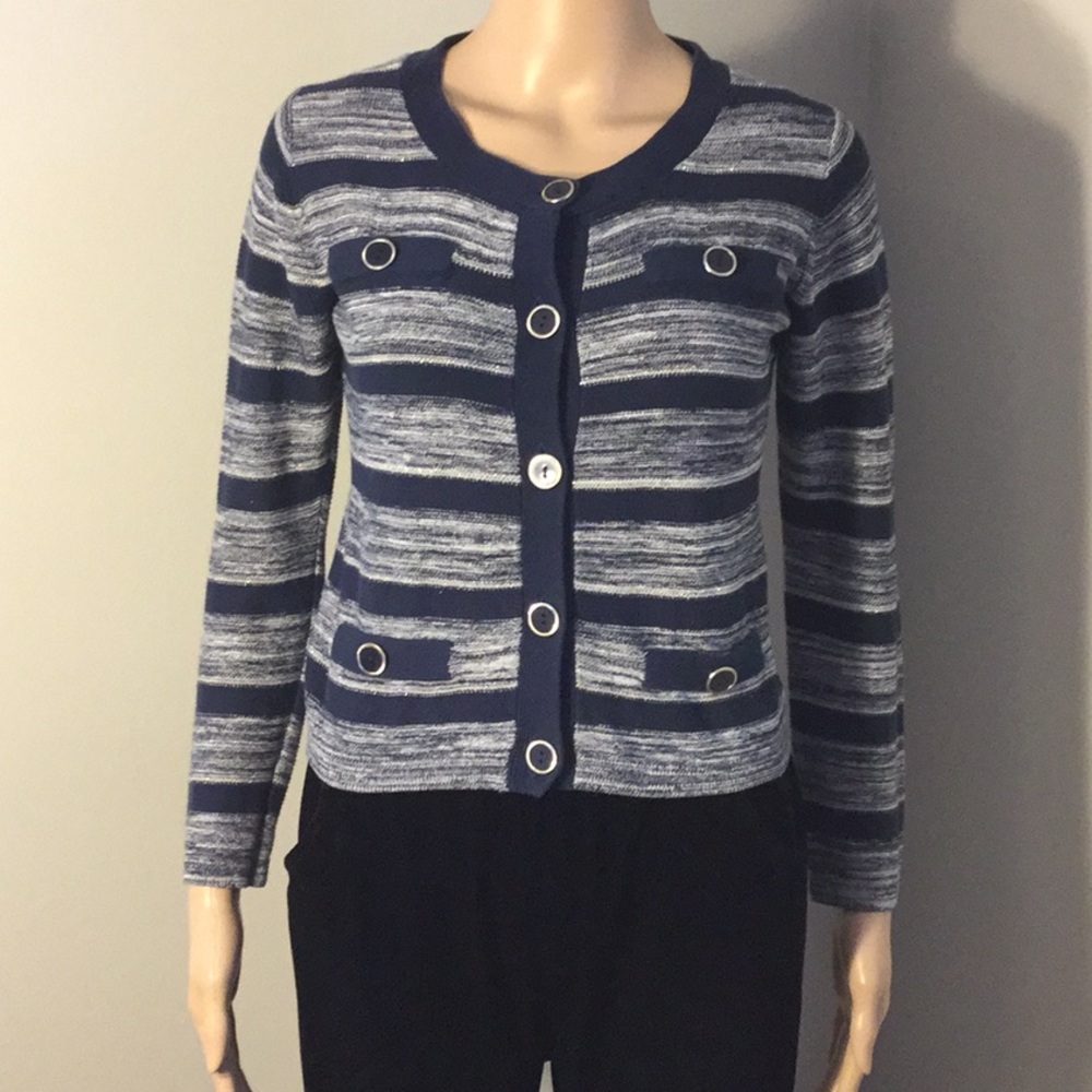 LE SOUX stretchy black & gray striped cardigan
